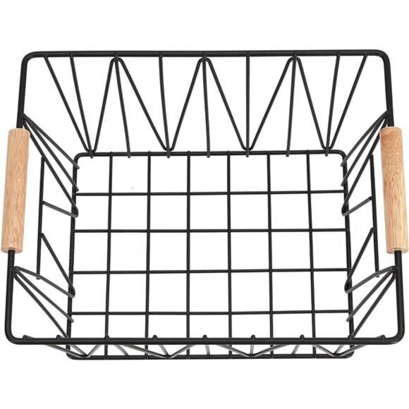 Wire storage baskets set of 3 black metal bins with wood handles home organizati - Picture 4 of 7